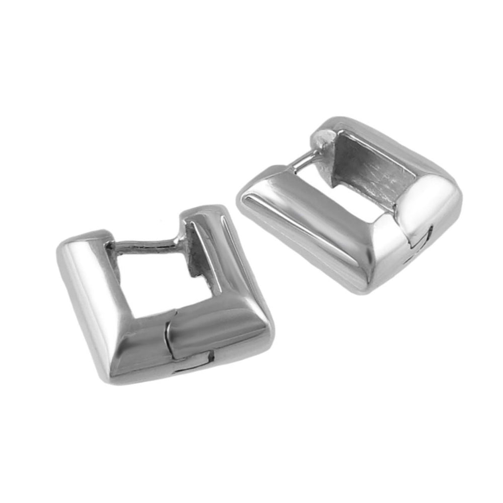 Pair of silver square huggie hoop earrings on a white background