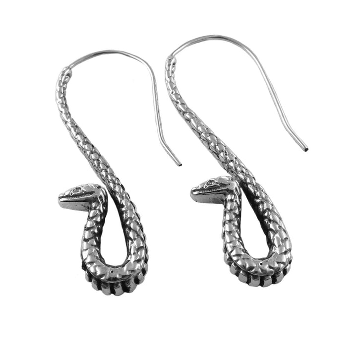 Silver snake-shaped earrings on a white background