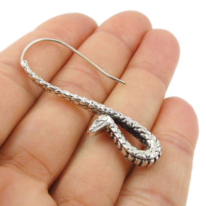 Long Silver Snake Drop Earrings – Statement Dangle Jewellery