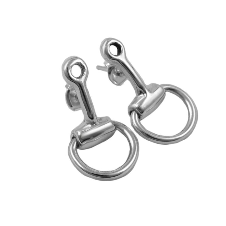 Pair of silver horse bit earrings on a white background