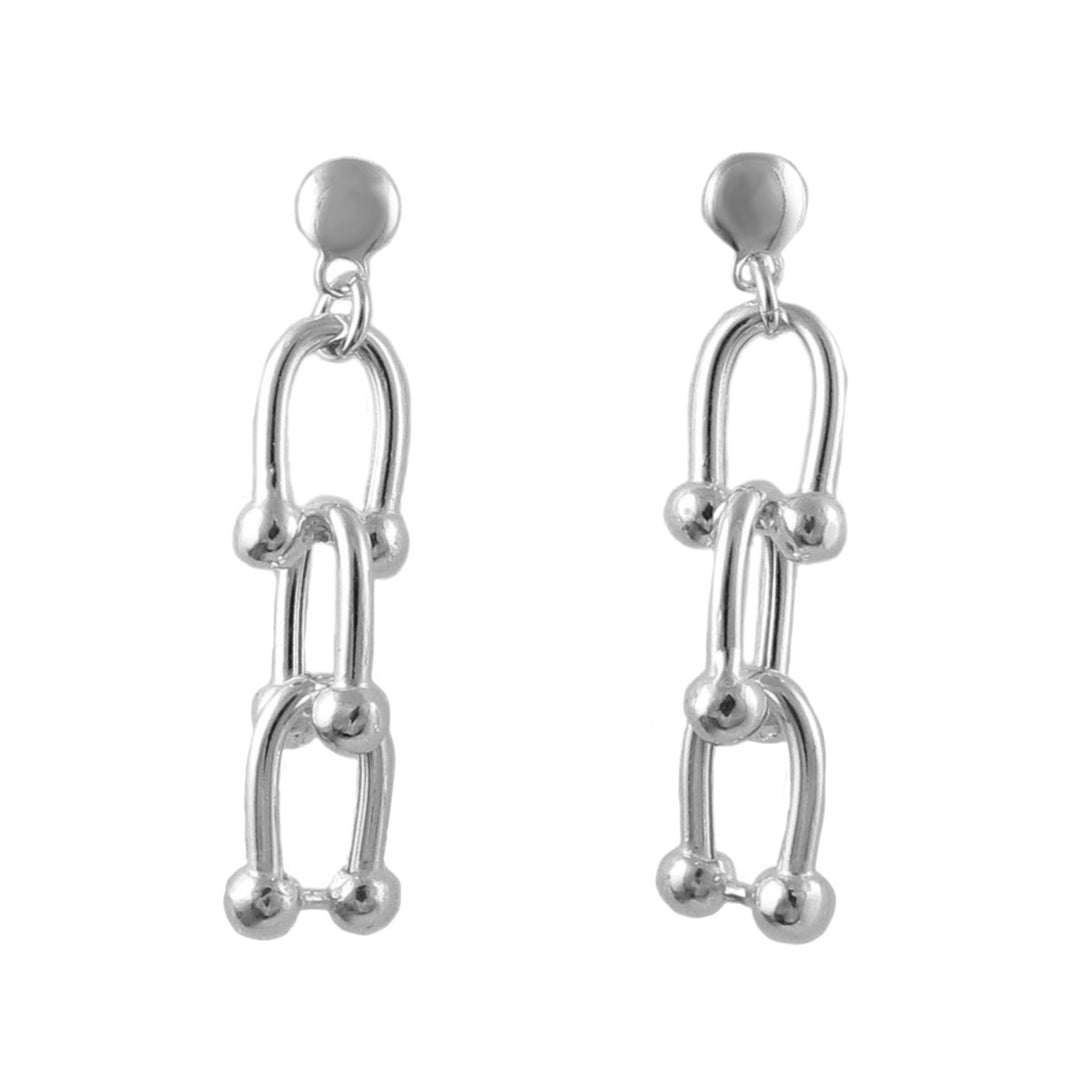 Pair of silver gauge link chain earrings on a white background