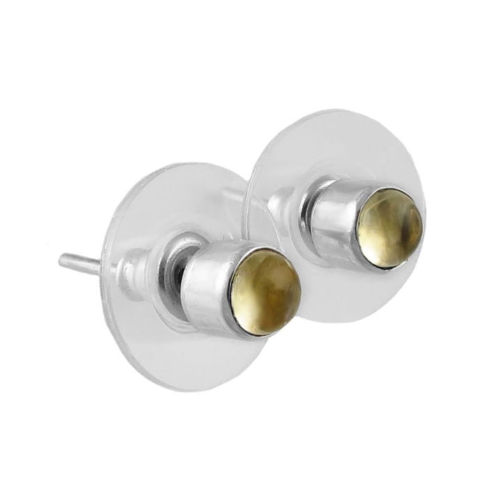 Citrine gemstone stud earrings in 925 silver on a white background. 