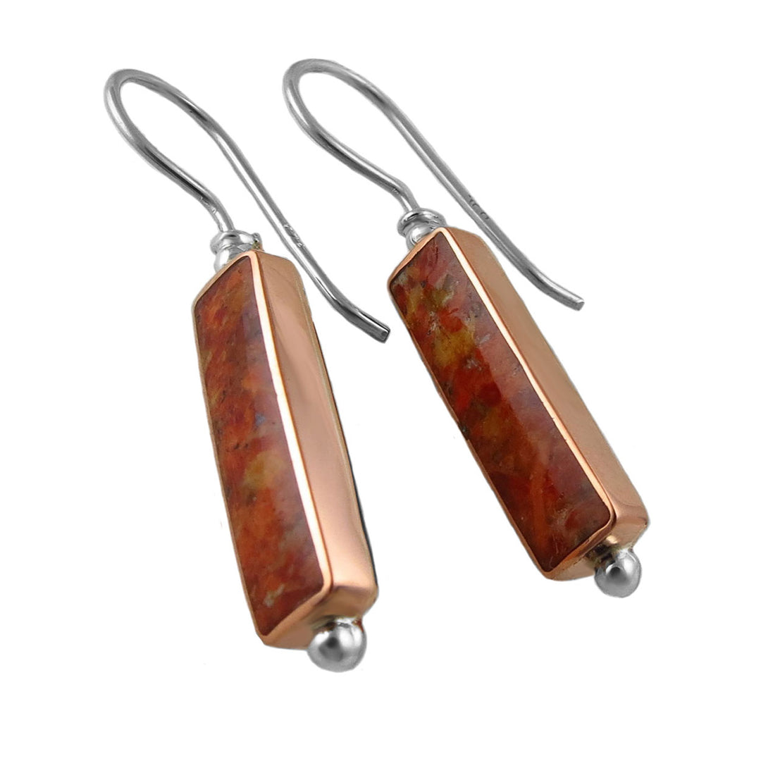 Long rectangle copper and 925 silver earrings featuring orange and red sponge coral gemtones. 