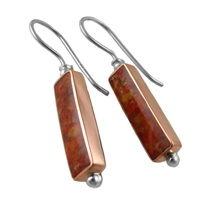 Long rectangle copper and 925 silver earrings featuring orange and red sponge coral gemtones. 