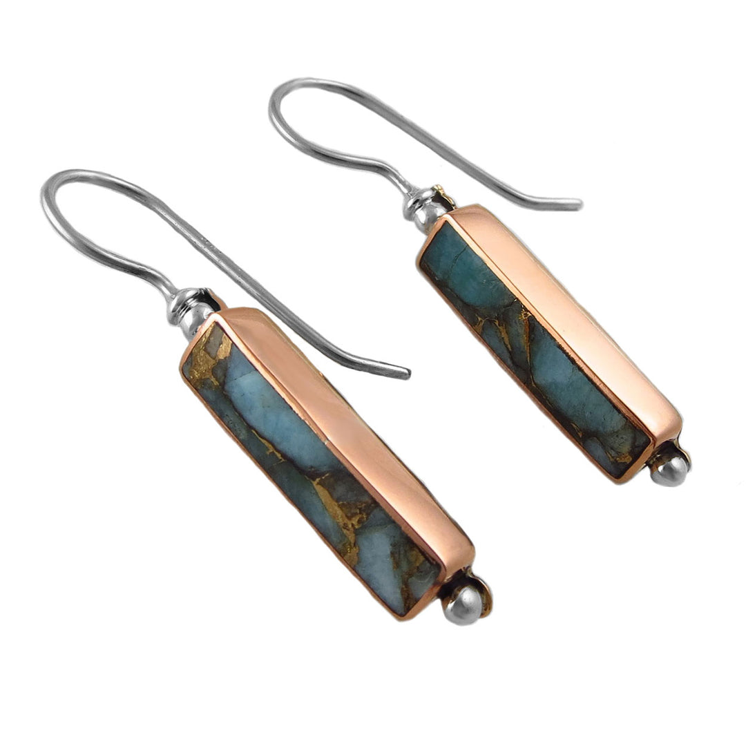 Pair of earrings with amazonite gemstones and silver accents on a white background