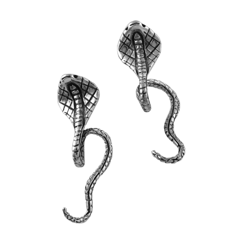 Pair of large silver cobra snake-shaped earrings on a white background