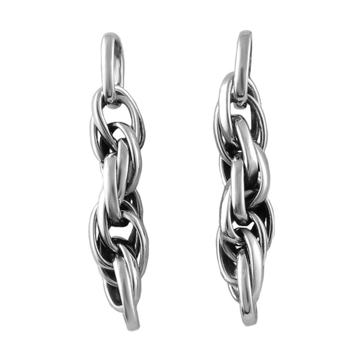 Long modern 925 sterling silver triple link rope chain dangling drop earrings for women on a white background