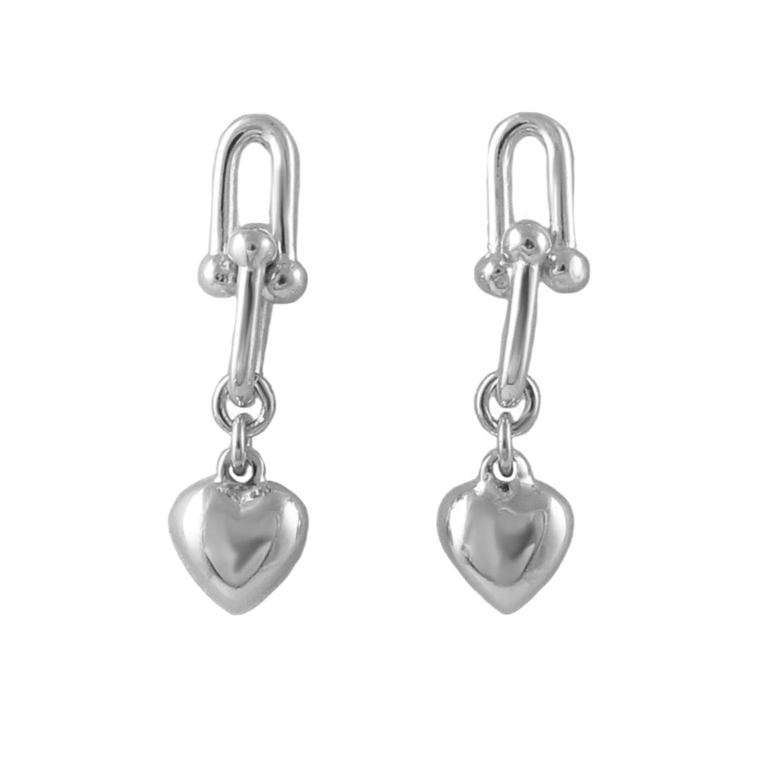 Long 925 sterling silver handmade earrings featuring heart charm hanging on long modern gauge links