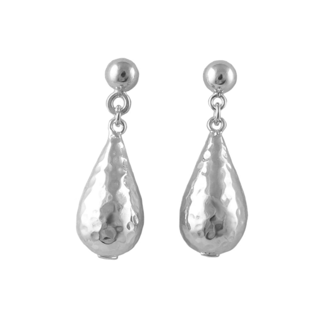 Long hammered Mexican 925 sterling silver teardrop earrings on a white background