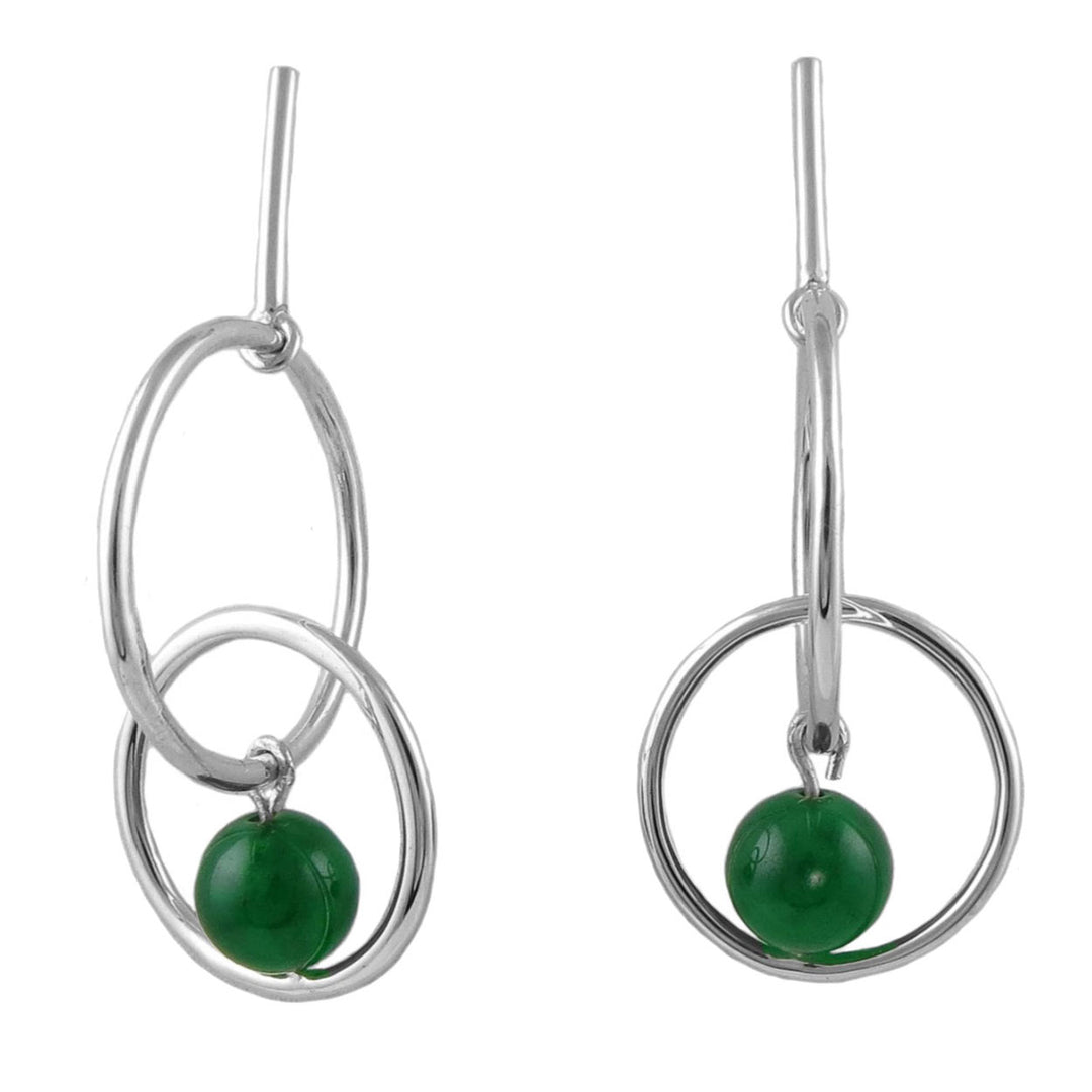 Large sterling 925 silver hoop earrings with green aventurine beads on a white background