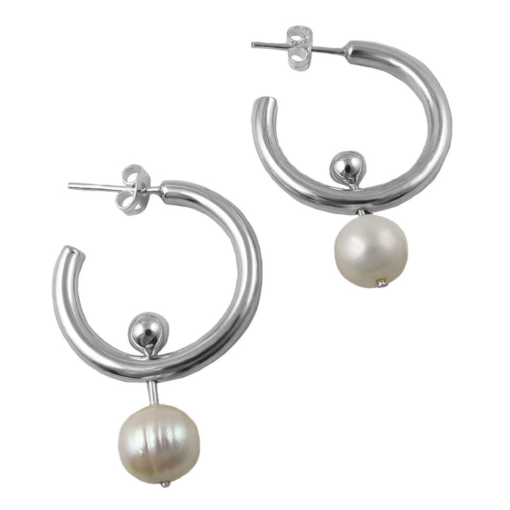 Large pearl and 925 sterling silver thick hoop earrings on a white background.
