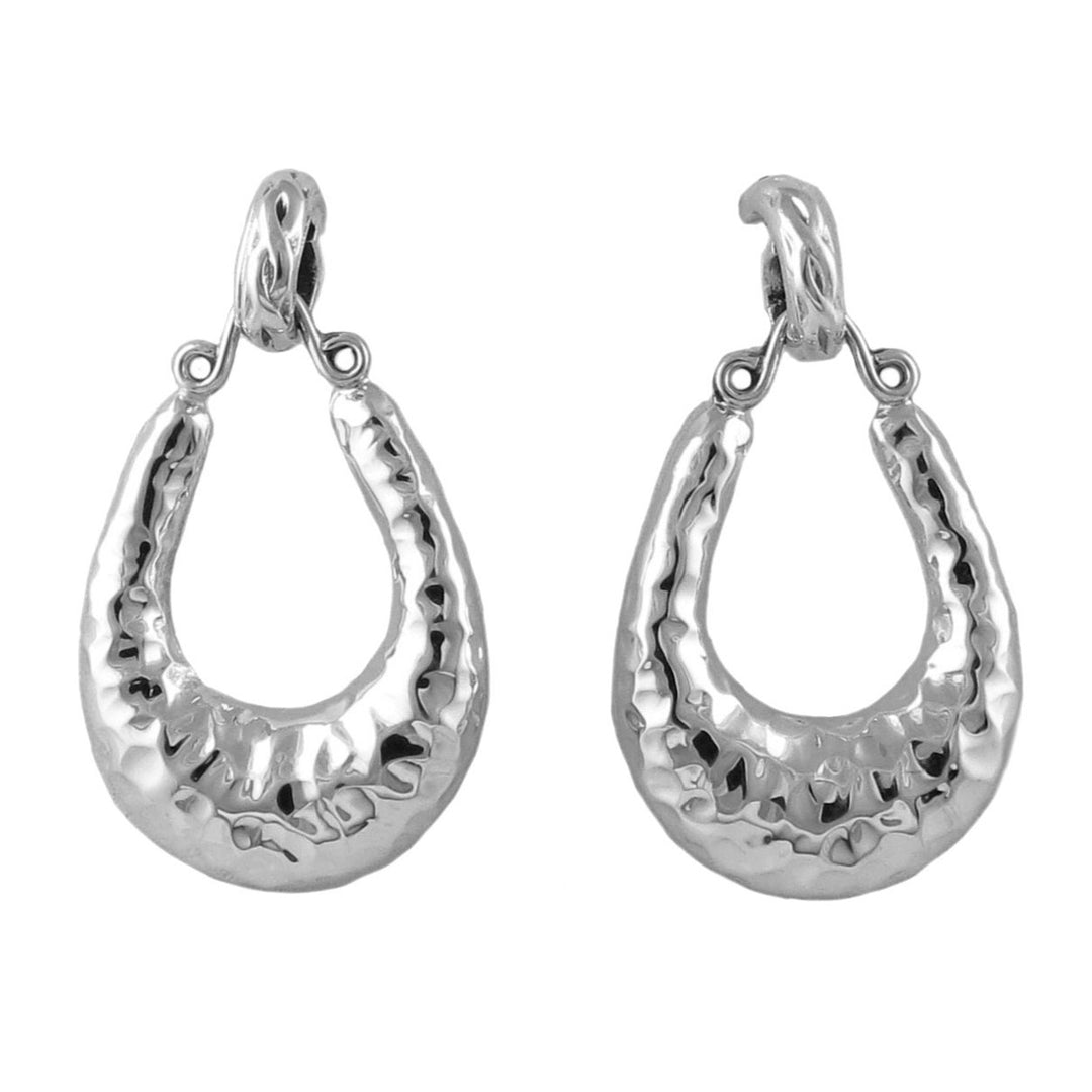 A pair of large hammered 925 sterling silver gypsy dangling hoop earrings on a white background. 
