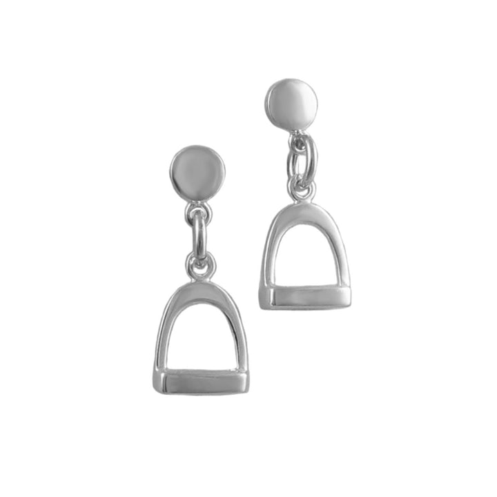 Pair of sterling silver equestrian dangling horse stirrup earrings on a white background
