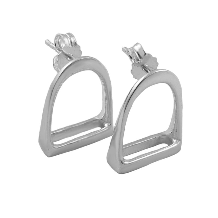 A pair of large polished 925 sterling silver horse stirrup earrings on a white background