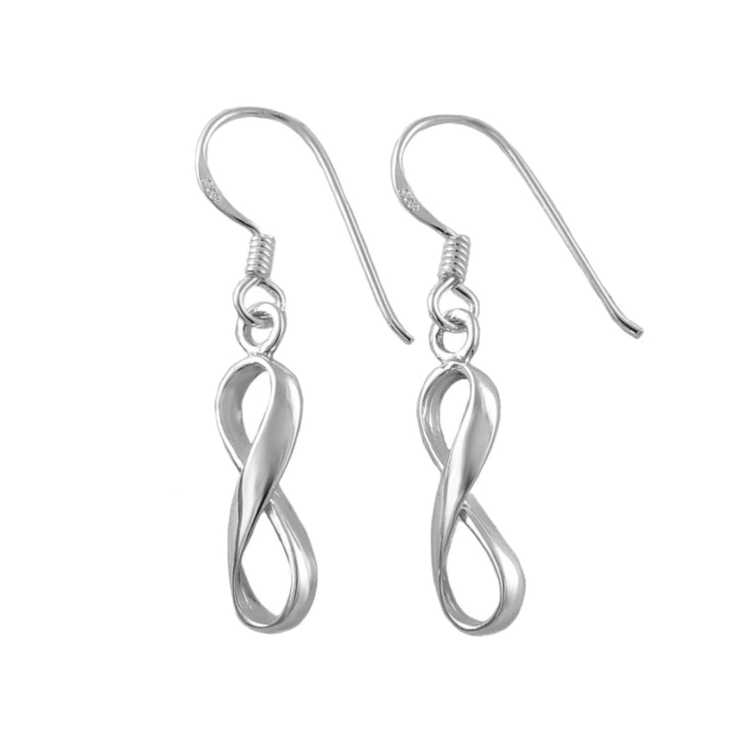 Sterling 925 Silver infinity-shaped figure of eight earrings on a white background