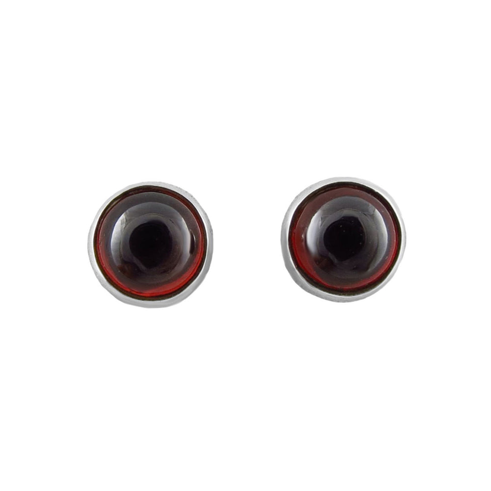 Pair of round handmade 925 silver stud earrings with natural red garnet gemstones on a white background