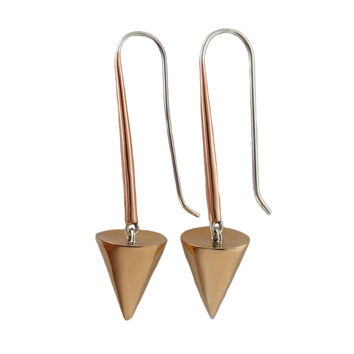 Pair of two tone copper and 925 silver modern cone-shaped threader earrings for women on a white background