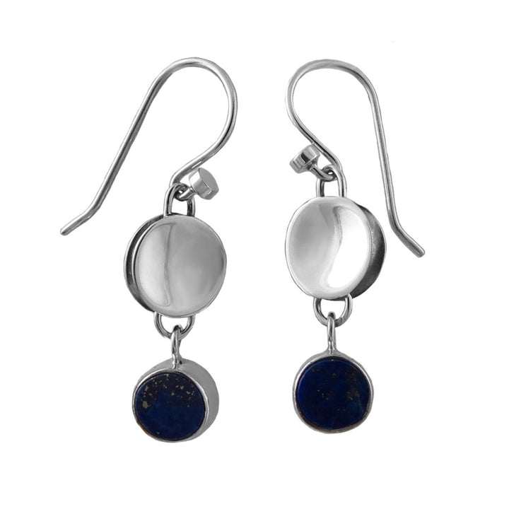 Mexican 925 sterling silver dangling drop earrings with blue lapis lazuli gem stones on a white background
