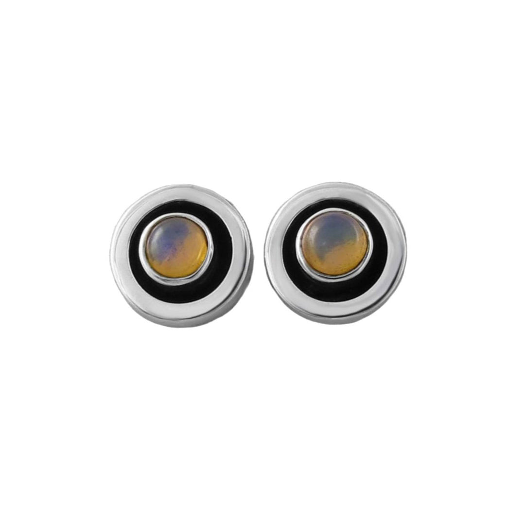 A pair of round 925 sterling silver stud earrings with a black circular inlay and a central iridescent genuine opal cabochon stone showing yellow, blue, and purple hues, set against a plain white background.