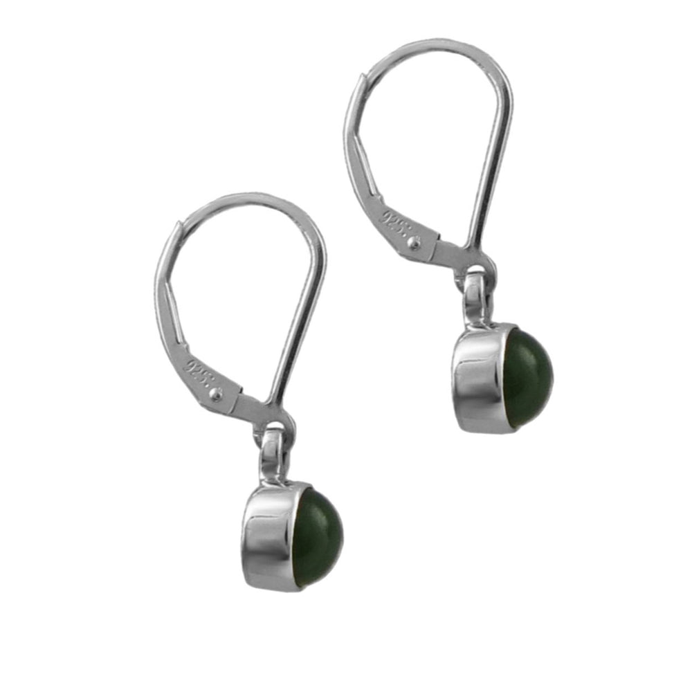 Pair of sterling 925 silver earrings with lever back hooks and jade green gemstones on a white background