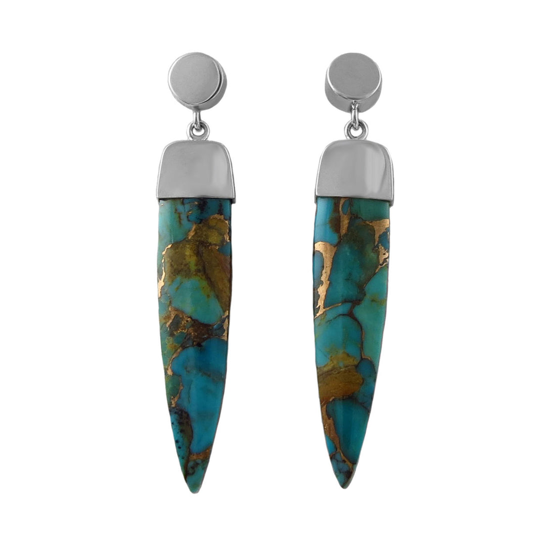 Turquoise and gold patterned gemstone and 925 silver earrings with silver tops on a white background