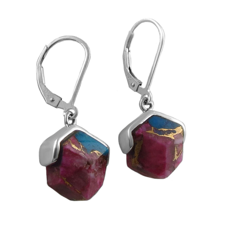 Pair of 925 silver earrings with colourful purple spiny shell drops on a white background