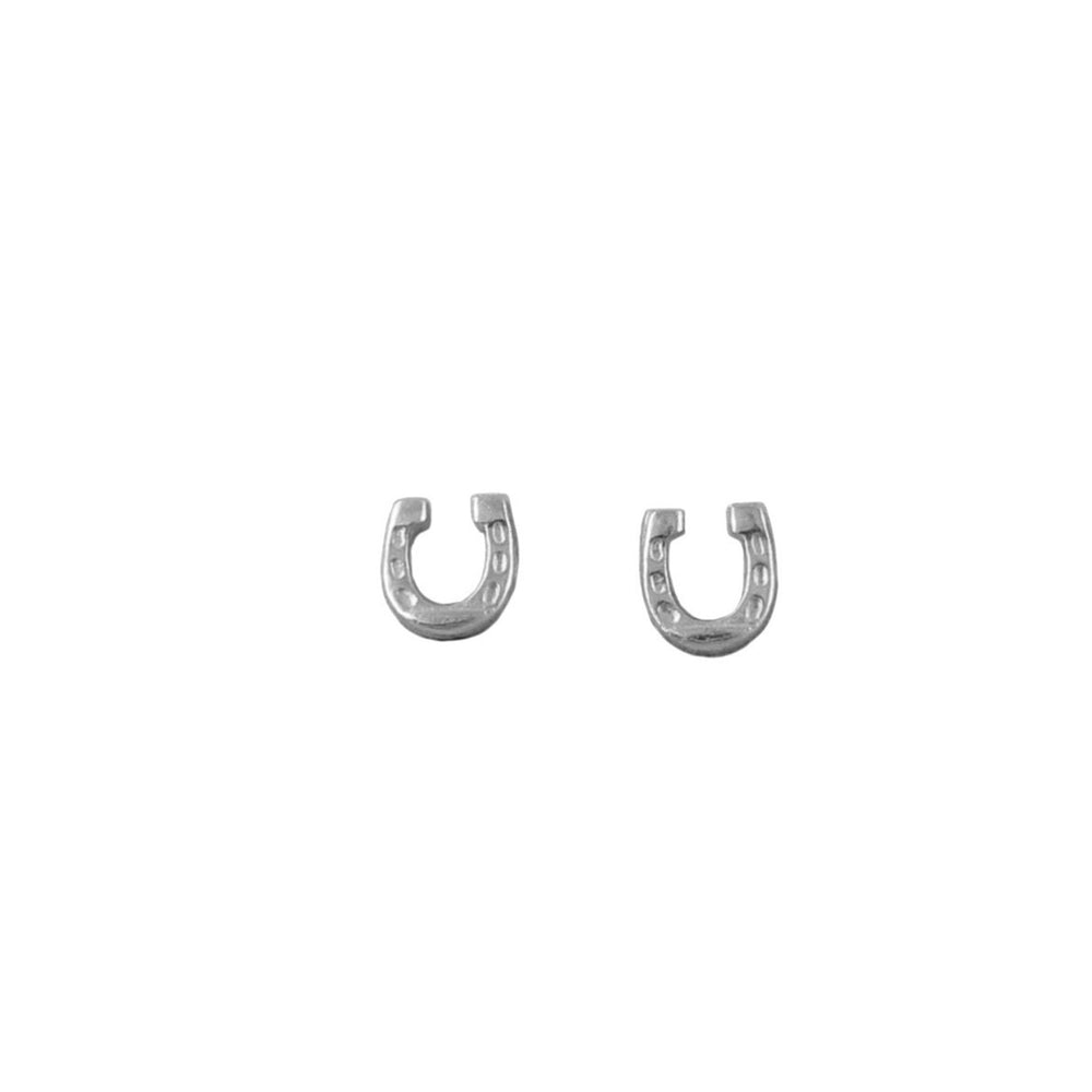 A pair of small ladies 925 silver horseshoe-shaped stud earrings on a plain white background.
