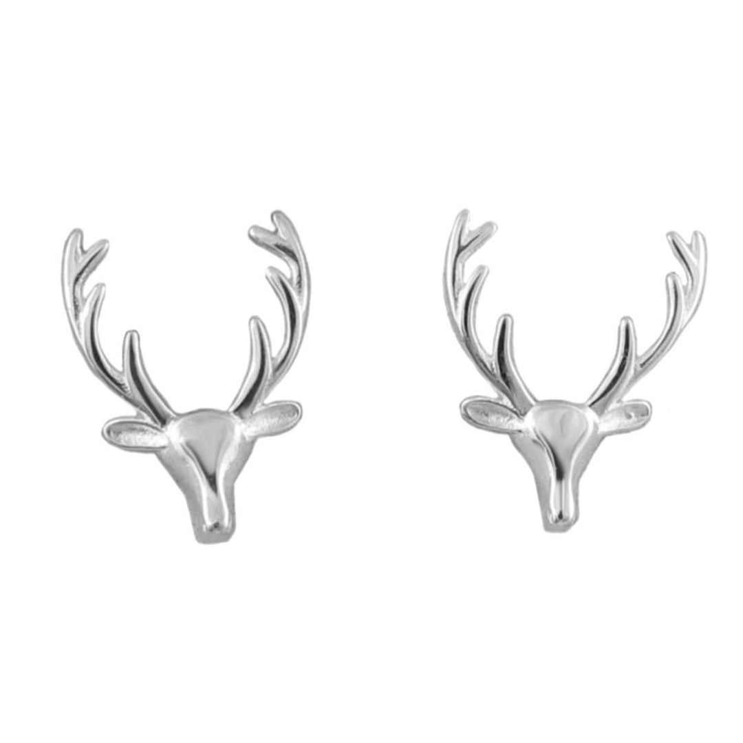A pair of silver deer head stud earrings with detailed antlers, shown on a plain white background.
