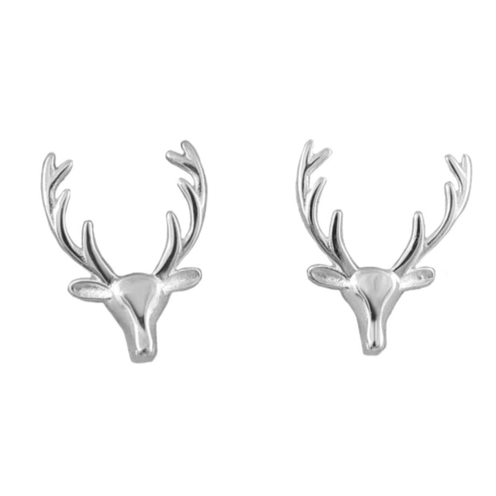 A pair of silver deer head stud earrings with detailed antlers, shown on a plain white background.