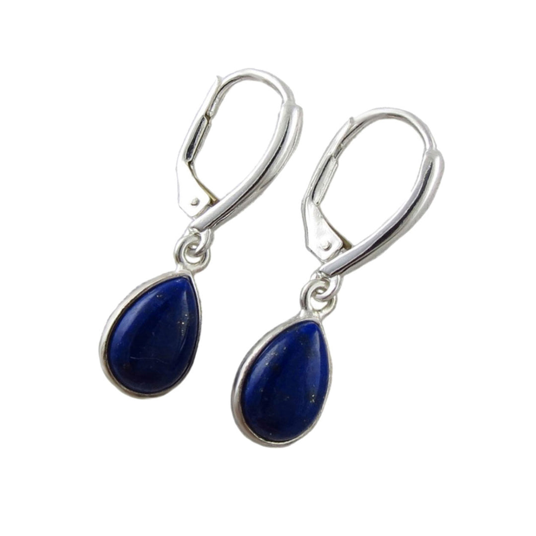 Pair of 925 silver lever back earrings with blue lapis lazuli teardrop stones on a white background