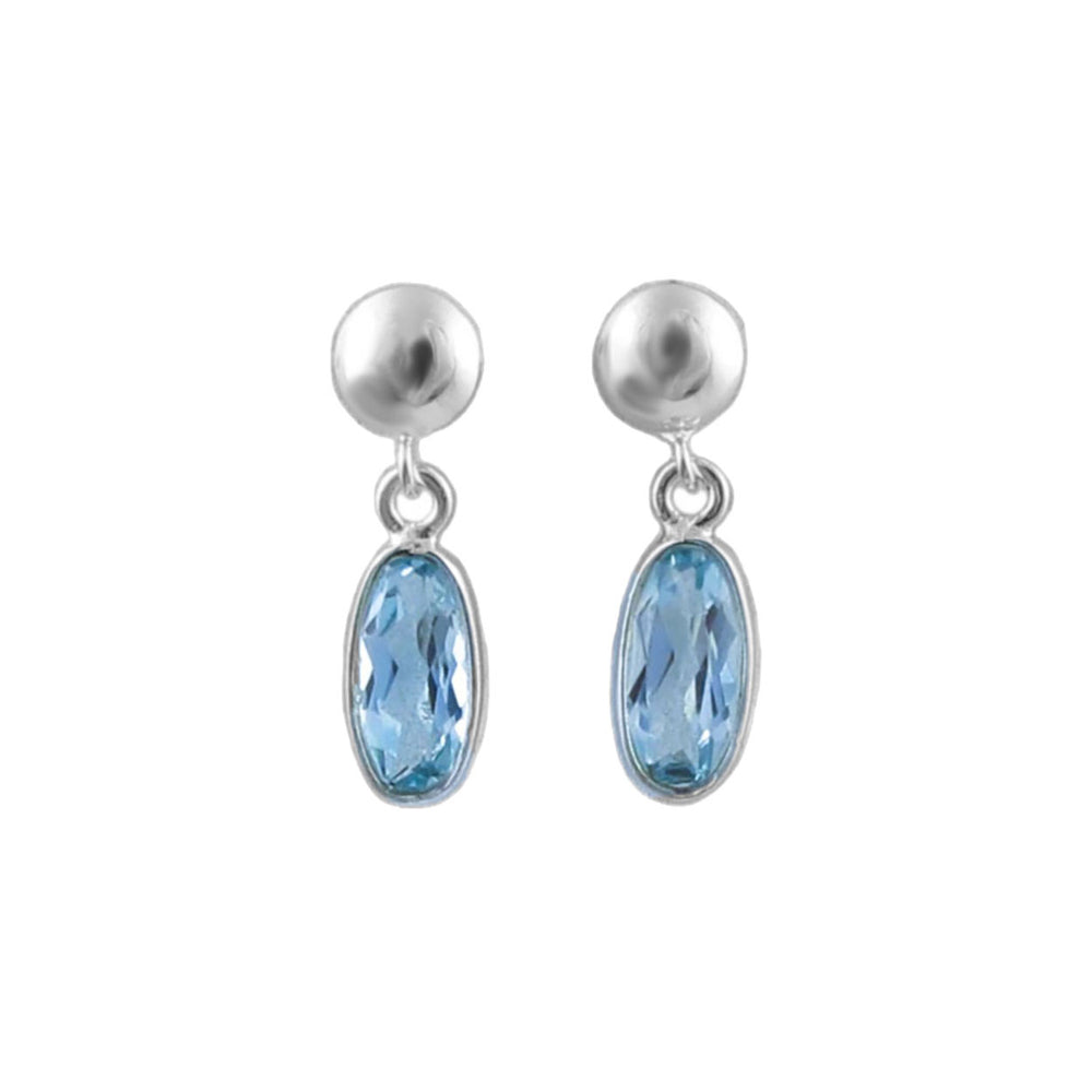 Long 925 silver drop earrings with blue topaz gemstones on a white background