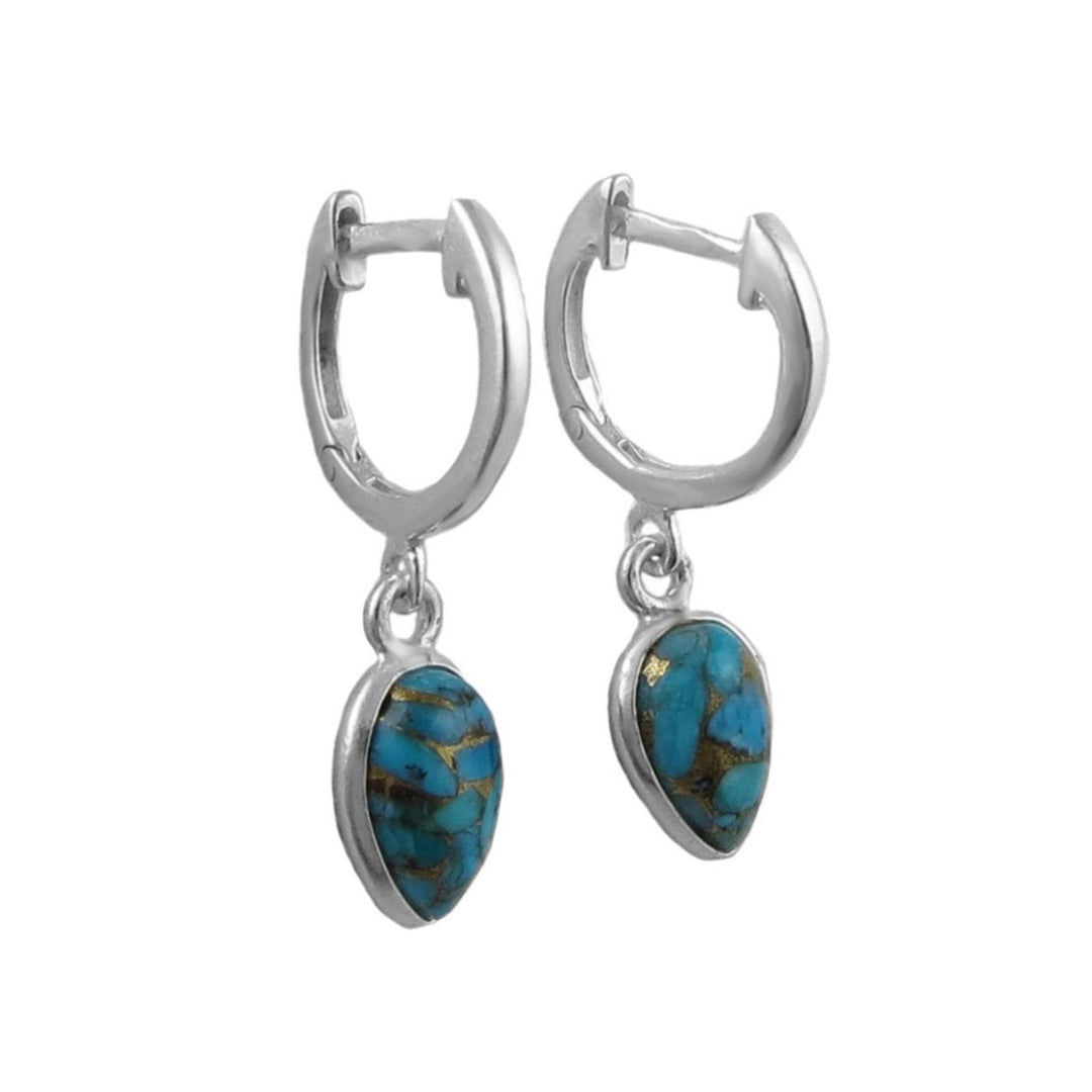 A pair of sterling 925 silver hoop earrings with teardrop-shaped turquoise stone dangles, shown against a plain white background.