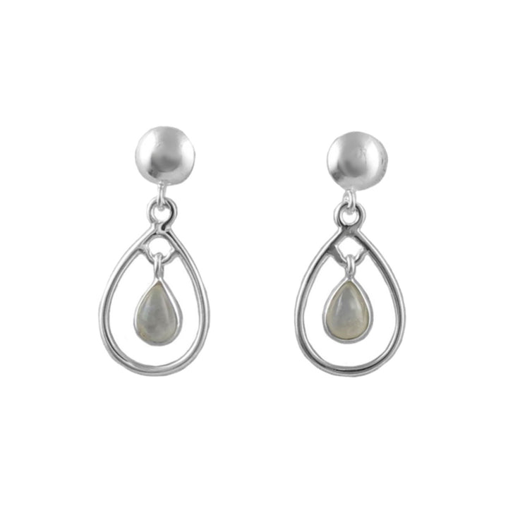 A pair of 925 sterling silver dangle earrings with a pear-shaped openwork design and a small teardrop rainbow moonstone gemstone hanging in the centre, shown on a plain white background.
