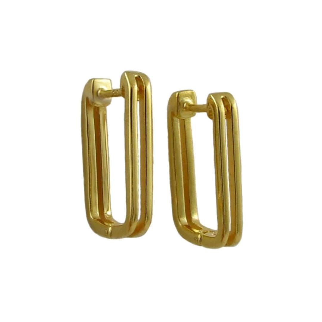 A pair of 9ct gold-plated huggie hoop earrings with a double-bar design, shown on a plain white background.