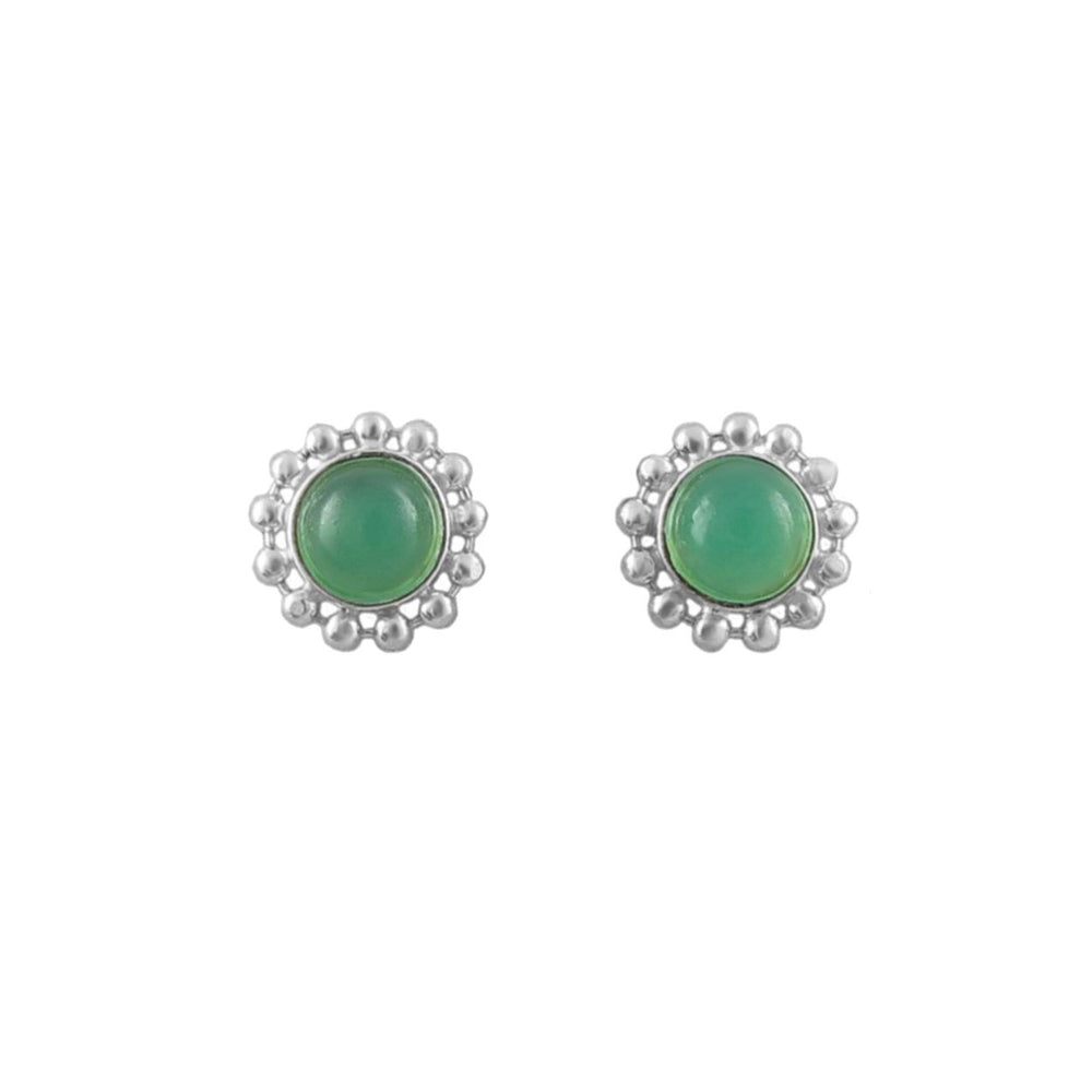 A pair of sterling 925 silver stud earrings featuring round green chrysoprase cabochon gemstones surrounded by a textured, beaded silver halo, set against a plain white background.