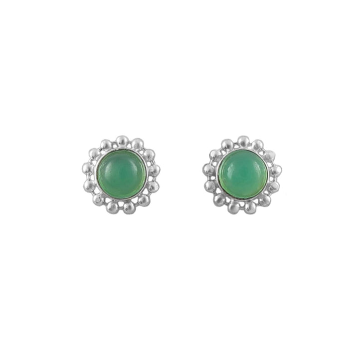A pair of sterling 925 silver stud earrings featuring round green chrysoprase cabochon gemstones surrounded by a textured, beaded silver halo, set against a plain white background.