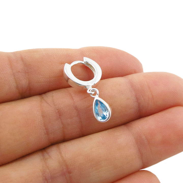 March Birthstone Aquamarine Silver Huggie Earrings