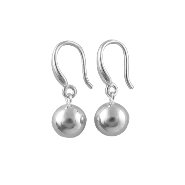 A pair of polished silver dangle earrings with smooth spherical ball beads hanging from curved hook ear wires, shown on a plain white background.