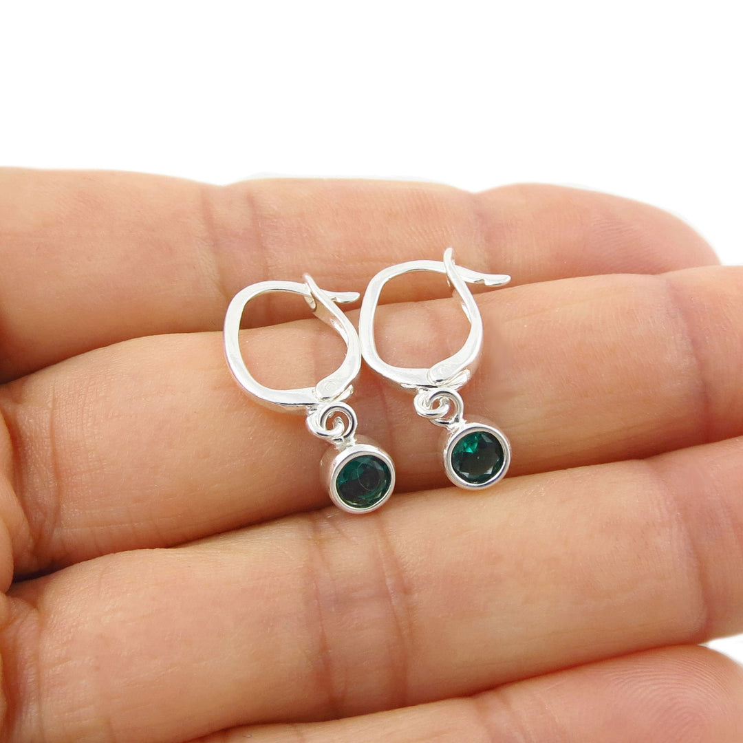 May Birthstone Emerald CZ Silver Lever Back Earrings