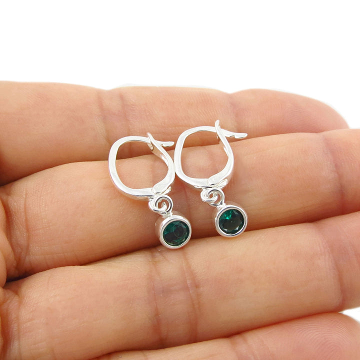 May Birthstone Emerald CZ Silver Lever Back Earrings