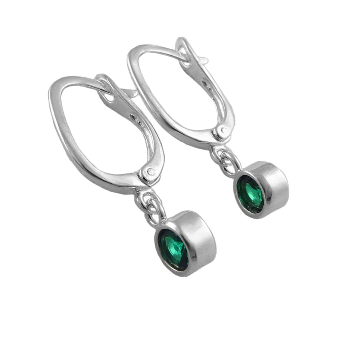 A pair of silver leverback earrings with round faceted May birthstone emerald green gemstone drops, shown on a plain white background.
