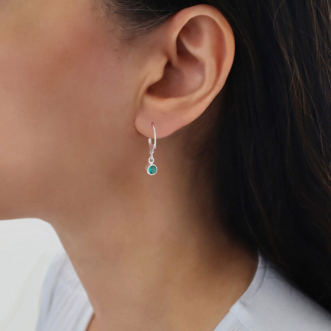 May Birthstone Emerald CZ Silver Lever Back Earrings