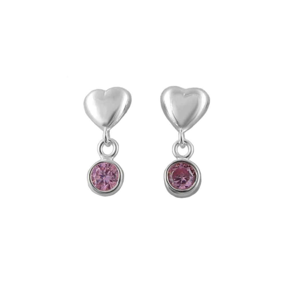 A pair of silver heart dangle earrings with round pink alexandrite gemstone drops, shown on a plain white background.