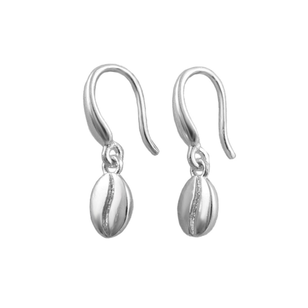 A pair of silver drop earrings with curved hooks and oval dangling coffee bean charms featuring a vertical textured stripe, shown on a plain white background.