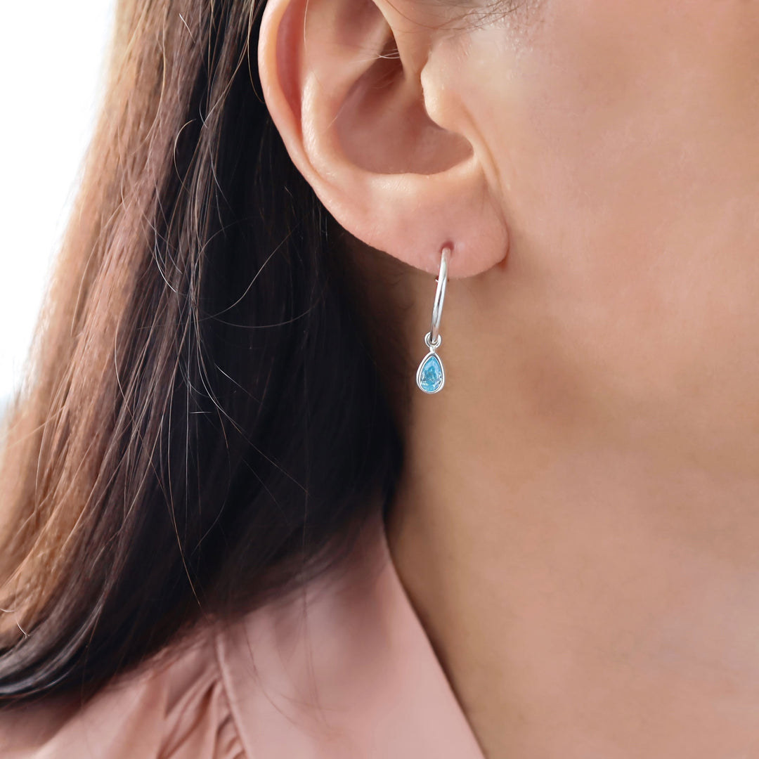 March Birthstone Aquamarine CZ Hoop Silver Earrings