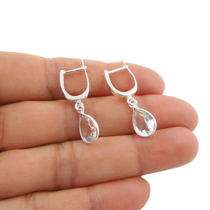 Clear Quartz Gemstone Silver Lever Back Drop Earrings