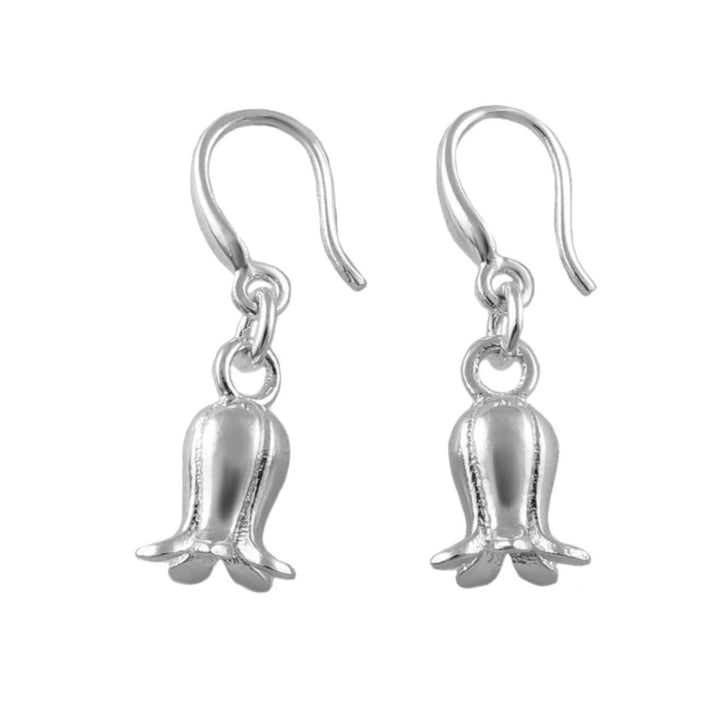 A pair of sterling silver dangle earrings shaped like bluebell flowers, shown against a plain white background.
