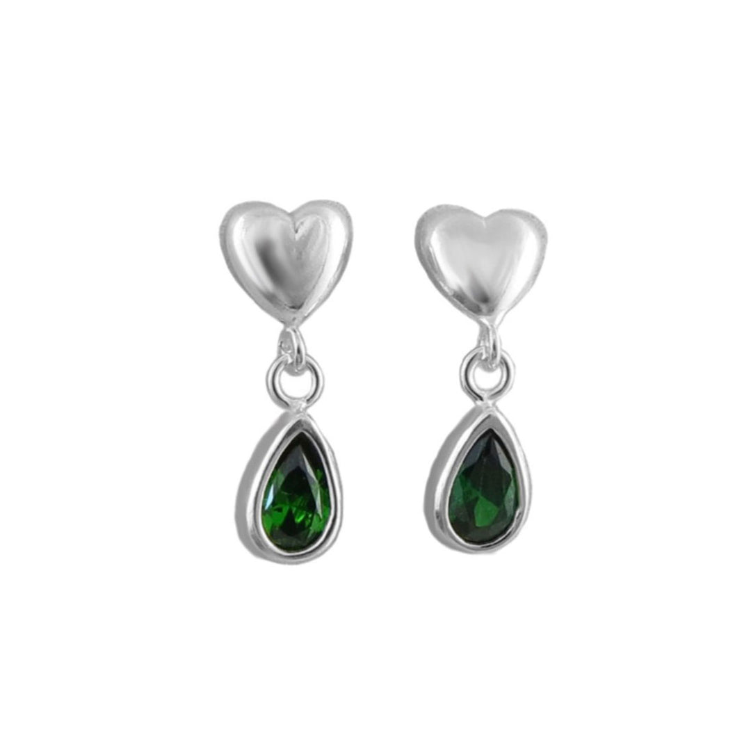 A pair of sterling 925 silver heart and teardrop drop earrings with faceted green emerald gemstones, shown on a plain white background.