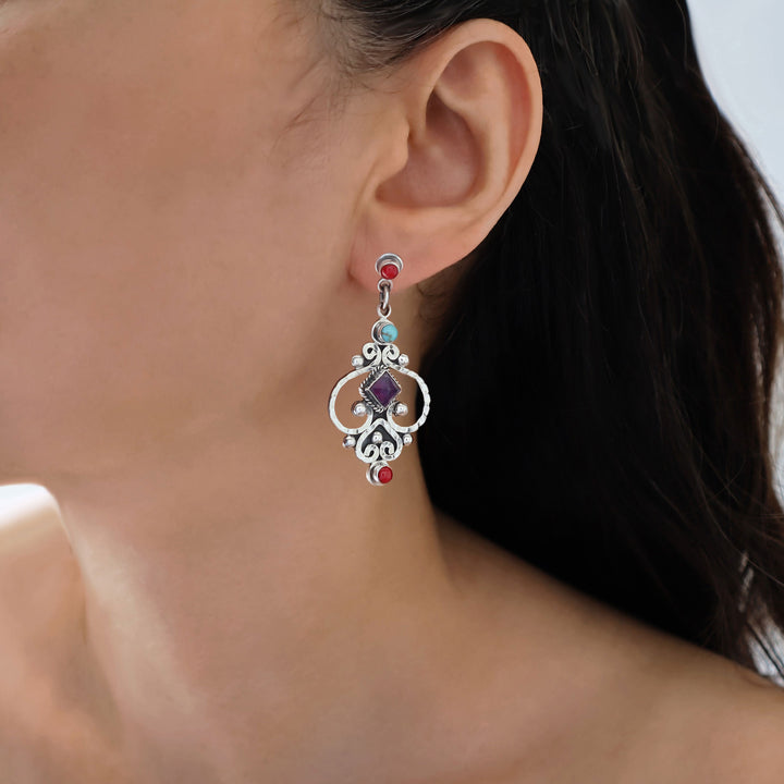 Mexican Baroque Chandelier Gemstone Earrings in Sterling Silver