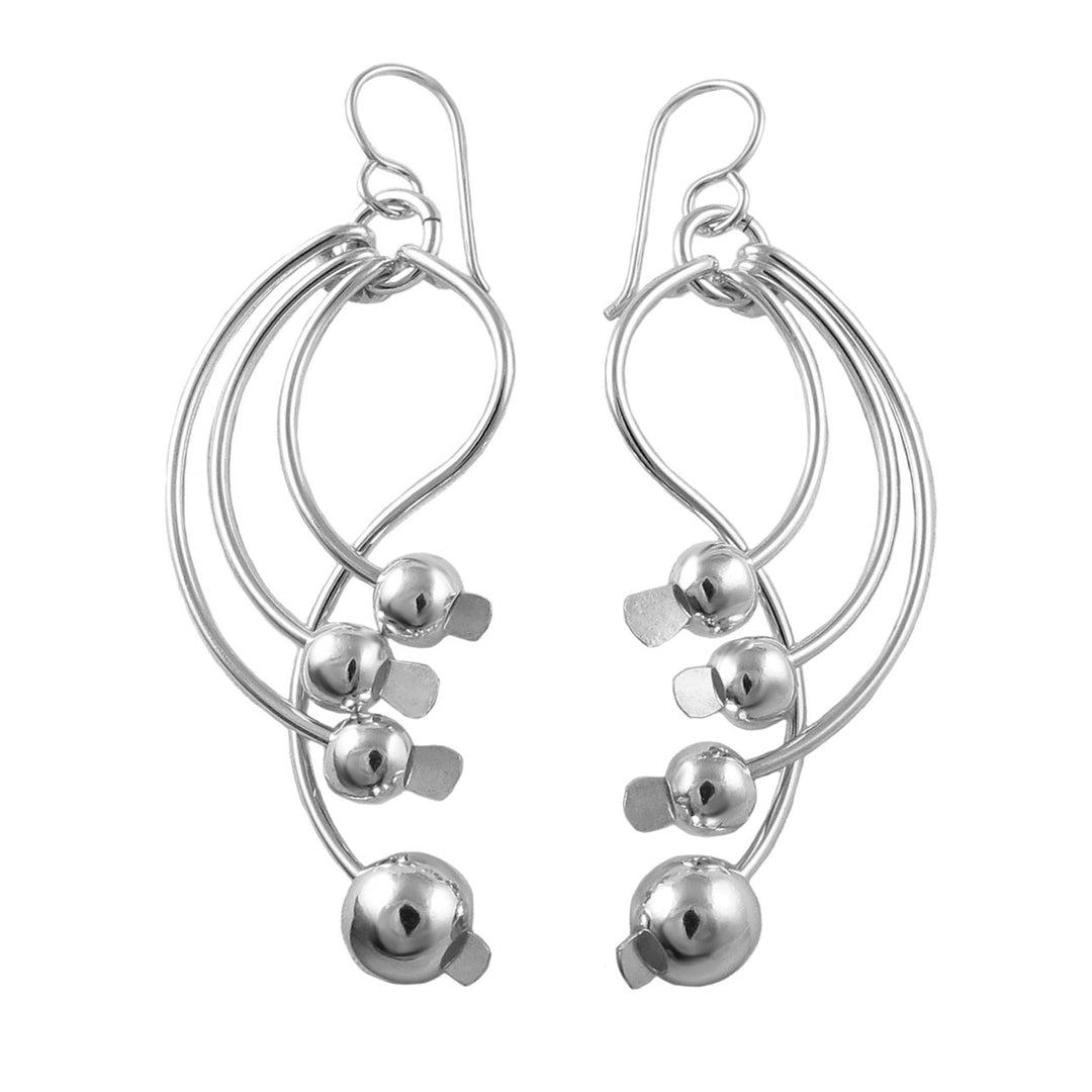 A pair of premium sterling 925 silver dangling earrings with curved wire loops and small polished ball bead accents, shown on a plain white background.